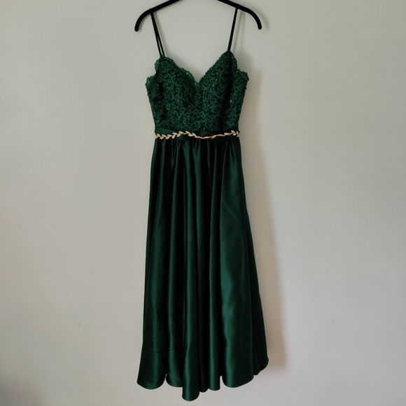 JJ'sHouse Maxi Satin Prom Dress with rhinestone sash and lace bodice - Picture 7 of 11